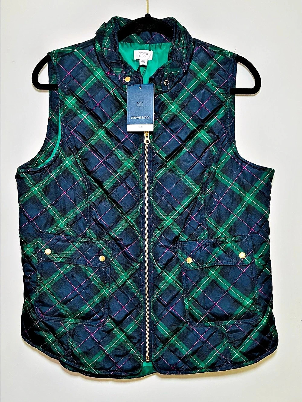 Crown & Ivy Cowl-Neck Button-Front Icon Vest Plaid Green & Blue XL
